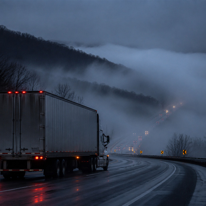 monteagle-mountain-fog-semi-truck-i24-jasper-tn. Fog rolling over a tractor-trailer on Monteagle Mountain along I-24 West near Jasper, Tennessee.